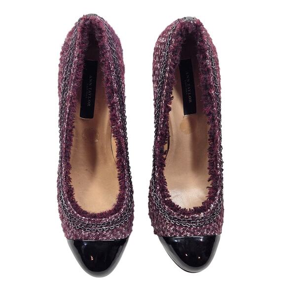 Ann Taylor Maya Burgundy Tweed Cap Toe Chain Trim Heels Size 7M - Picture 2 of 16